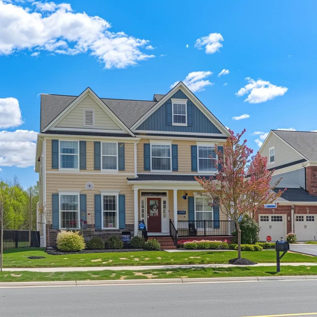 a vibrant suburban neighborhood in woodbridge, virginia, showcasing a freshly painted house with an inviting exterior and clear signage indicating house painting cost estimates, surrounded by an impeccably maintained street to highlight the local appeal.